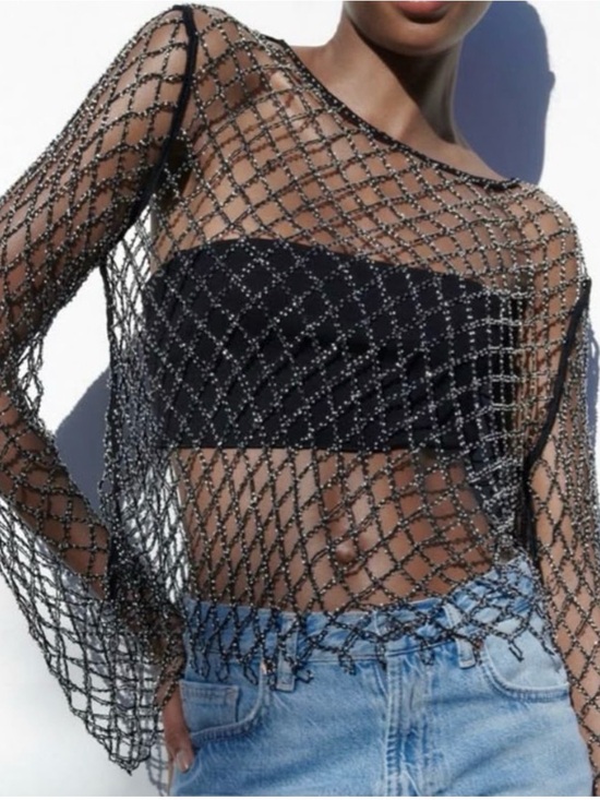 Zara Tops - Zara rhinestone beaded mesh top size M-L